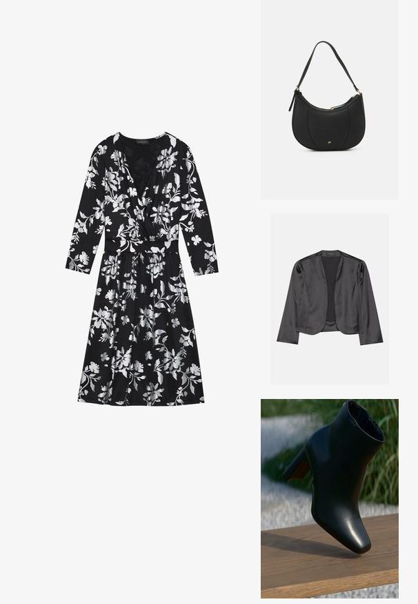 Blazer de satén negro con una textura suave, diseño de frente abierto, manga larga y silueta minimalista. Etiquetado "ANNA FIELD" en el interior.; Vestido negro con flores de manga larga, con patrones florales plateados, un escote en V y una cintura ceñida con un cinturón. Tejido suave con una falda fluida.; Botín de cuero negro con tacón cuadrado colocado sobre un banco de madera al aire libre con hierba y piedras blancas de fondo.; Bolso de mano de cuero negro con forma curva, superficie texturizada, costuras frontales y un logo en tono dorado. Cuenta con una sola correa ajustable.