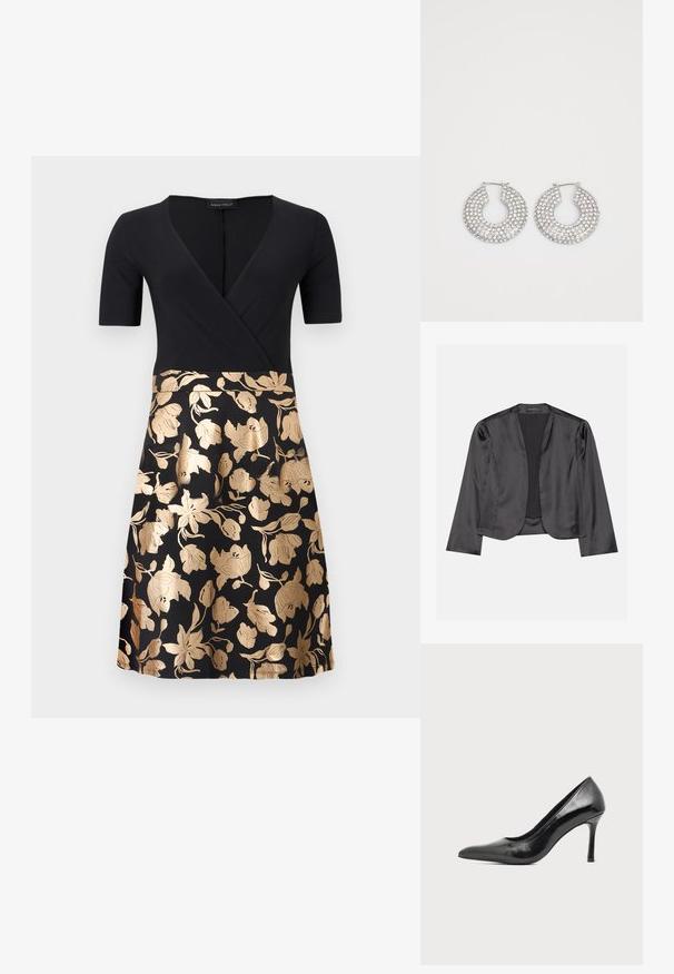 Blouson en satin noir avec une texture lisse, design à ouverte à l'avant, manches longues et silhouette minimaliste. Étiqueté "ANNA FIELD" à l'intérieur.; Robe portefeuille noire à manches courtes. Le corsage est entièrement noir, tandis que la jupe présente des motifs floraux dorés sur fond noir.; Chaussure à talon haut pour femme en cuir verni noir avec bout pointu et talon fin sur fond clair uni.; Boucles d'oreilles en argent en forme de créoles ornées de multiples embellissements en cristal transparent, présentant une surface texturée et un design circulaire ouvert.