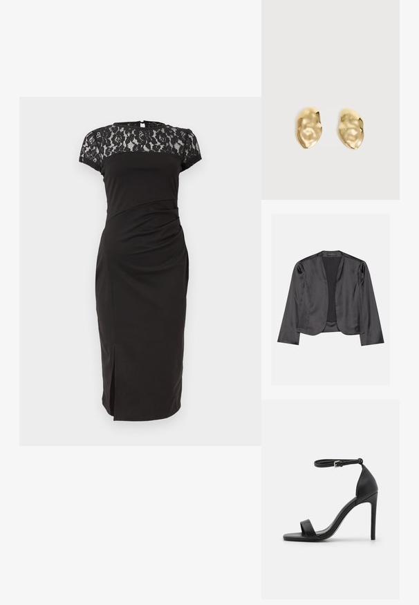 Blouson en satin noir avec une texture lisse, design à ouverte à l'avant, manches longues et silhouette minimaliste. Étiqueté "ANNA FIELD" à l'intérieur.; Robe noire mi-longue jusqu'aux genoux avec manches courtes en dentelle et empiècement, taille cintrée et petite fente à l'avant.; Sandale noire à talons hauts au design épuré, avec une bride au niveau de la cheville, un bout ouvert et une texture en cuir lisse.; Paire de boucles d'oreilles en métal doré brillant, de forme irrégulière, avec une surface froissée et lisse sur un fond clair uni.