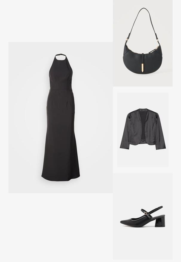 Blouson en satin noir avec une texture lisse, design à ouverte à l'avant, manches longues et silhouette minimaliste. Étiqueté "ANNA FIELD" à l'intérieur.; Robe de soirée noire à col halter avec un corsage ajusté et une jupe évasée. Fabriquée en tissu lisse, elle présente des lignes épurées et aucun motif visible.; Escarpins slingback en cuir verni noir avec un embout pointu, un design à découpes arrondies et un talon carré. Présente un accent de boucle en ton doré.; Sac à main noir en forme de croissant avec une bandoulière unique, une fermeture éclair dorée et une languette décorative rectangulaire dorée à l'avant.