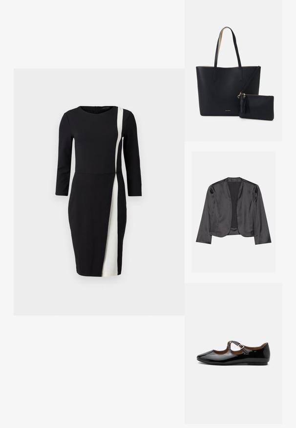 Sort satin blazer med en glat tekstur, åben frontdesign, lange ærmer og minimalistisk silhuet. Mærket "ANNA FIELD" indeni.; Sort kjole med trekvartærmer, der har en hvid diagonalt stribe. Fremstillet af glat stof, tætsiddende talje og knælangt design.; Sort laklæder Mary Jane-flad sko med to udskæringer og en guldbuckelrem på hvid baggrund.; Sort tote taske med struktureret materiale, to lange håndtag og en aftagelig lynlåspose med en frynse-detalje. Guld mærkelogo synligt.
