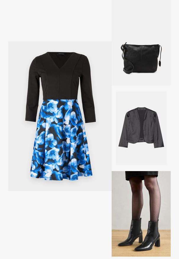 Schwarzer Satin-Blazer mit glatter Textur, offenes Vorderdesign, lange Ärmel und minimalistischer Silhouette. Innen mit dem Etikett "ANNA FIELD".; Schwarzes Kleid mit langen Ärmeln und V-Ausschnitt. Der Rock hat ein blaues Blumenmuster auf dunklem Hintergrund. Aus glattem Stoff gefertigt, enganliegendes Oberteil.; Schwarze Leder-Ankle-Boots mit spitzer Zehenform, klobigem quadratischem Absatz und schlankem Design. Verfügt über elastische seitliche Einsätze für leichtes An- und Ausziehen.; Schwarze Leder-Umhängetasche mit flacher Form, goldenen Hardware-Details und einem verstellbaren Tragegurt. Glatte Textur mit minimalen Nähten.