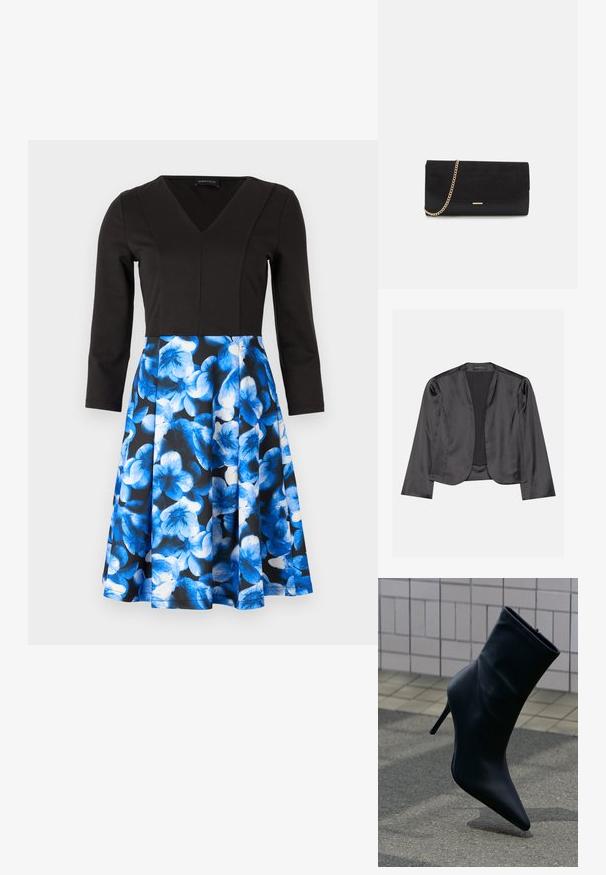 Schwarzer Satin-Blazer mit glatter Textur, offenes Vorderdesign, lange Ärmel und minimalistischer Silhouette. Innen mit dem Etikett "ANNA FIELD".; Schwarzes Kleid mit langen Ärmeln und V-Ausschnitt. Der Rock hat ein blaues Blumenmuster auf dunklem Hintergrund. Aus glattem Stoff gefertigt, enganliegendes Oberteil.; Schwarzer Leder-Stiefelette mit spitzer Schuhspitze und hohem Stiletto-Absatz auf gefliestem Gehweg und Asphaltboden im Hintergrund.; Schwarze Clutch aus Wildleder mit strukturierter Oberfläche, ausgestattet mit einem goldenen Kettenriemen und einem eleganten, kantigen Design.