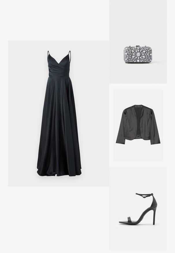 Zwart satijnen blazer met een gladde textuur, open voorkant, lange mouwen en een minimalistisch silhouet. Binnenin gelabeld als "ANNA FIELD".; Zwart satijnen avondjurk met een V-hals, een getailleerde corsage, dikke spaghettibandjes en een vloeiende A-lijn rok. Zachte, elegante textuur.; Zwarte hoge hakken sandalen met een open teen, dunne banden en een enkelsluiting. Gladde leren textuur met een puntige neus.; Kleine rechthoekige donkergrijze clutch versierd met heldere strass-steentjes in een uitstralend patroon en een zilveren kettingband.