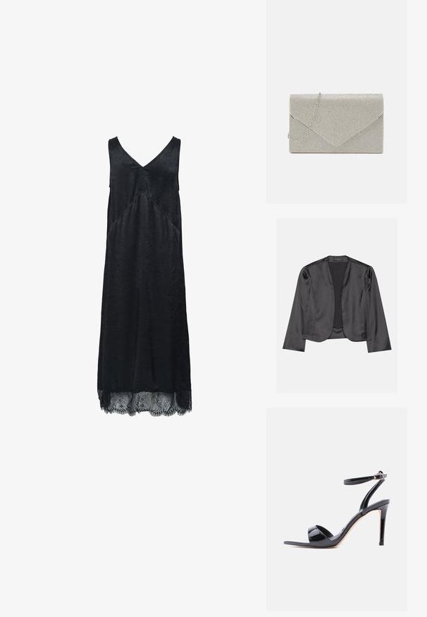 Sort satin blazer med en glat tekstur, åben frontdesign, lange ærmer og minimalistisk silhuet. Mærket "ANNA FIELD" indeni.; Sort ærmeløs kjole med V-hals, tekstureret stof og blondedetalje i kanten. Har en diagonal syningsdetalje.; Sort laklæder højhælet sandal med åben tå, ankrem og spænde, vist fra siden på en hvid baggrund.; Metallic sølv clutch taske med et kuvert-design, udsmykket med et struktureret mønster, der har en aftagelig kæde-strop.