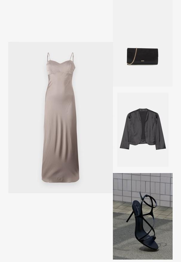Sort satin blazer med en glat tekstur, åben frontdesign, lange ærmer og minimalistisk silhuet. Mærket "ANNA FIELD" indeni.; Satin slip kjole i lys taupe, med en tætsiddende bodice og tynde justerbare stropper. Gulvlængde med en glat, skinnende struktur.; Sort højhælet sandal med tynde remme og ankelspænde, placeret oprejst på grå fortov nær flisebelagt væg baggrund.; Sort clutch taske lavet af ruskind med en struktureret overflade, udstyret med en guld kædestrop og et elegant, kantet design.