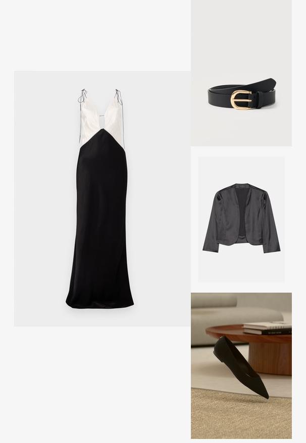 Blazer de satén negro con una textura suave, diseño de frente abierto, manga larga y silueta minimalista. Etiquetado "ANNA FIELD" en el interior.; Vestido largo sin mangas con una falda de satén negra y un top crema, con escote en V y detalles decorativos de lazo en los hombros.; Zapato plano negro de punta puntiaguda flotando sobre una alfombra beige con una mesa de café de madera y libros apilados en el fondo.; Cinturón de cuero negro enrollado con una hebilla curva dorada brillante y una trabilla en un fondo blanco liso.