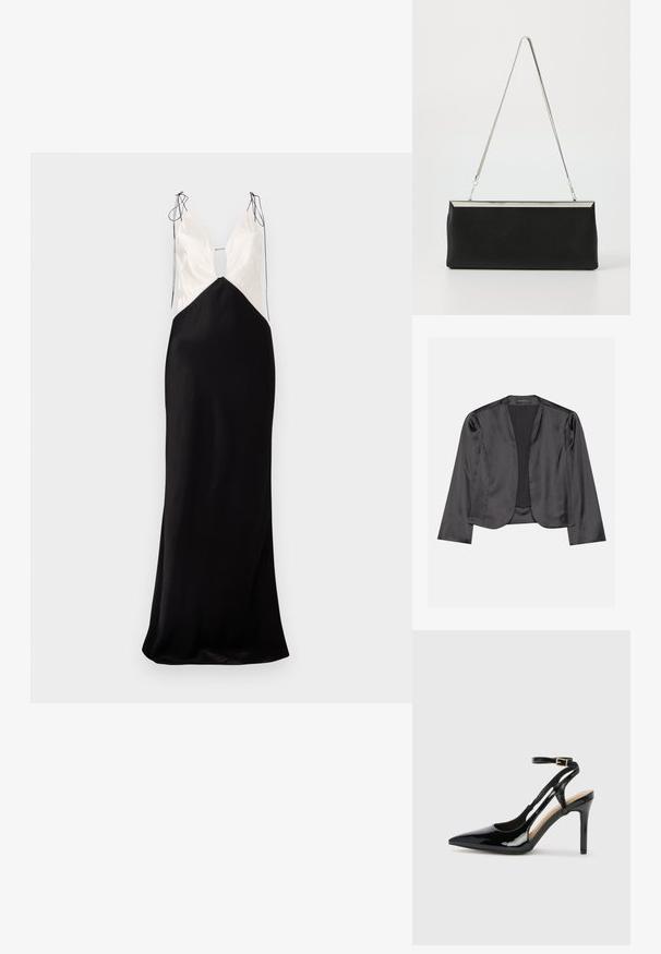Schwarzer Satin-Blazer mit glatter Textur, offenes Vorderdesign, lange Ärmel und minimalistischer Silhouette. Innen mit dem Etikett "ANNA FIELD".; Ärmelloses langes Kleid mit einem schwarzen Satinrock und einem cremefarbenen Oberteil, mit einem V-Ausschnitt und dekorativen Bindedetails an den Schultern.; Schwarze Patentleder-High-Heel-Slingback-Pumps mit spitzem Zeh, verstellbarem Knöchelriemen und offenen Seiten. Glatte Textur.; Schwarze Leder-Clutch mit einem silbernen Metallkette-Griff und einer eleganten rechteckigen Form. Mattes Finish und minimalistisches Design mit einem metallischen Akzent.