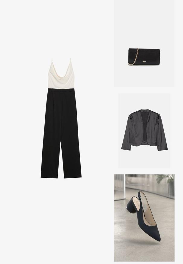 Blouson en satin noir avec une texture lisse, design à ouverte à l'avant, manches longues et silhouette minimaliste. Étiqueté "ANNA FIELD" à l'intérieur.; Combinaison à col bénitier présentant un corsage ajusté ivoire et un pantalon large noir, confectionnée dans un tissu léger et lisse. Sans fermetures visibles.; Escarpin noir à talon haut et bride arrière, avec un bout pointu, une texture lisse et un accent en métal sur le talon, doté d'une petite boucle réglable.; Porte-monnaie noir en daim avec une finition texturée, doté d'une chaîne dorée et d'un design épuré et angulaire.