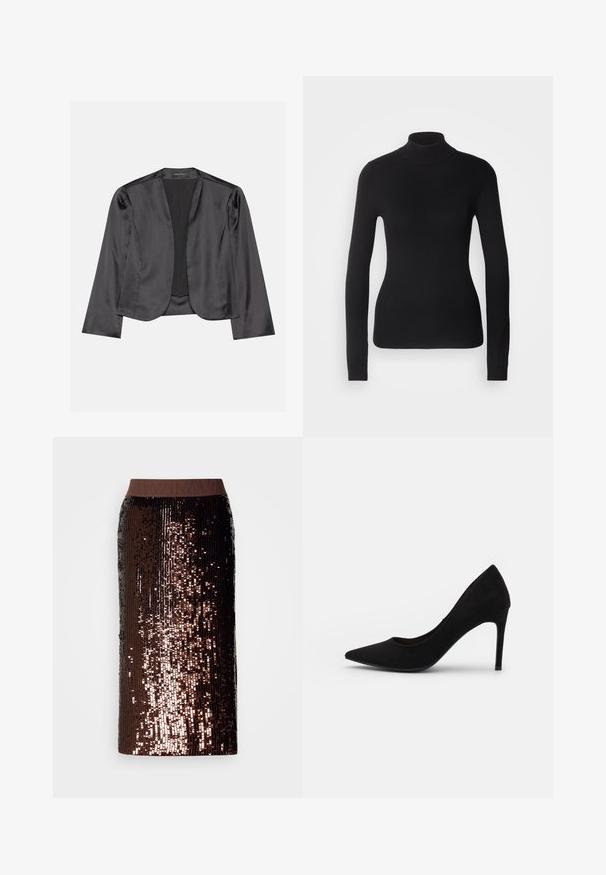 Blouson en satin noir avec une texture lisse, design à ouverte à l'avant, manches longues et silhouette minimaliste. Étiqueté "ANNA FIELD" à l'intérieur.; Pull à col roulé noir en maille légère. Il possède des manches longues, une coupe ajustée et une texture côtelée douce.; Jupe crayon marron foncé recouverte de paillettes brillantes avec une taille élastique unie marron, présentée sur un fond blanc.; Pompe à talon aiguille en suède noir, avec un bout pointu, une texture lisse et un talon stiletto fin. Design classique avec une silhouette épurée.