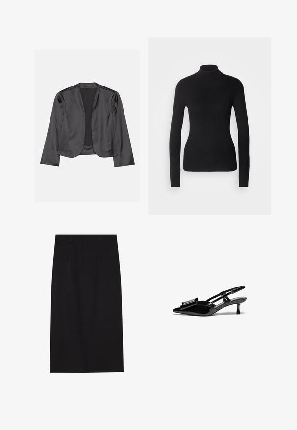 Blouson en satin noir avec une texture lisse, design à ouverte à l'avant, manches longues et silhouette minimaliste. Étiqueté "ANNA FIELD" à l'intérieur.; Pull à col roulé noir en maille légère. Il possède des manches longues, une coupe ajustée et une texture côtelée douce.; Jupe crayon noire, longueur genou, faite d'un tissu lisse. Présente un design épuré avec deux coutures à l'avant et une fermeture éclair dissimulée au dos.; Talons aiguilles en cuir verni noir avec un bout pointu, un détail en nœud à l'avant et un petit talon stiletto. Les brides sont équipées de boucles ajustables.