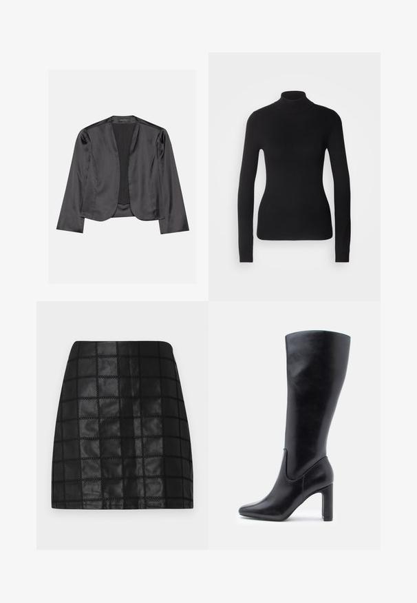 Mustmustid blazer sujuva tekstuuriga, avatud esiosa disain, pikad varrukad ja minimalistik siluett. Sisel võimalik "ANNA FIELD".; Mustem turtleneck-sviiter, mis on valmistatud kerge kudumiskangast. Omab pikki varrukaid, slim-fit lõiget ja pehmet soonikut.; Musthave mustrakk nahkmini seelik, millel on struktureeritud ruuduline muster, tõstetud õmblused ja kitsa siluett. Sile viimistlus täiustab disaini.; Knee-high mustad nahksaapad, millel on voooline disain, terav nina ja 4-tollised blokkninad, peene õmblusega detailid.
