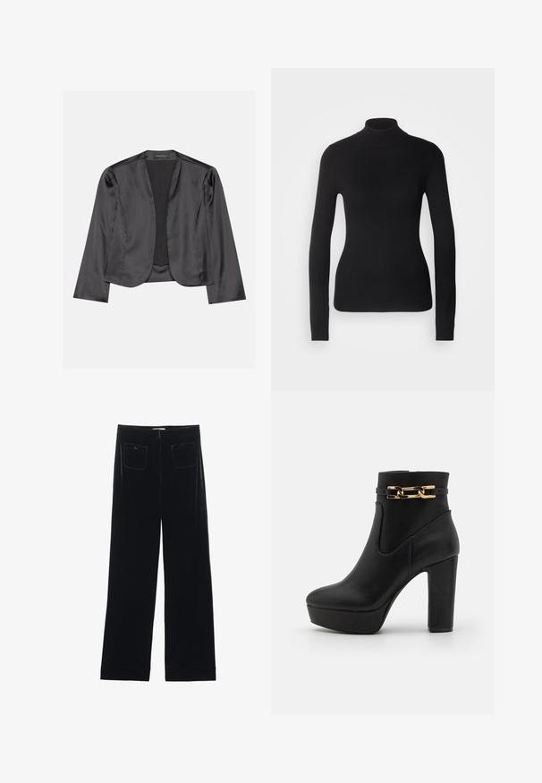 Schwarzer Satin-Blazer mit glatter Textur, offenes Vorderdesign, lange Ärmel und minimalistischer Silhouette. Innen mit dem Etikett "ANNA FIELD".; Schwarzer Rollkragenpullover aus leichtem Strickgewebe. Mit langen Ärmeln, taillierter Passform und weichem Ripptextil.; Schwarze Samt-Hosen im weit geschnittenen Stil mit zwei Gesäßtaschen und einer glatten Textur, ausgestattet mit einem geraden Schnitt und einem gesäumten Abschluss an den Knöcheln.; Schwarze Lederstiefelette mit runder Zehenpartie, Plateausohle und klobigem hohen Absatz. Mit einem goldenen Kettenakzent um den Knöchel.