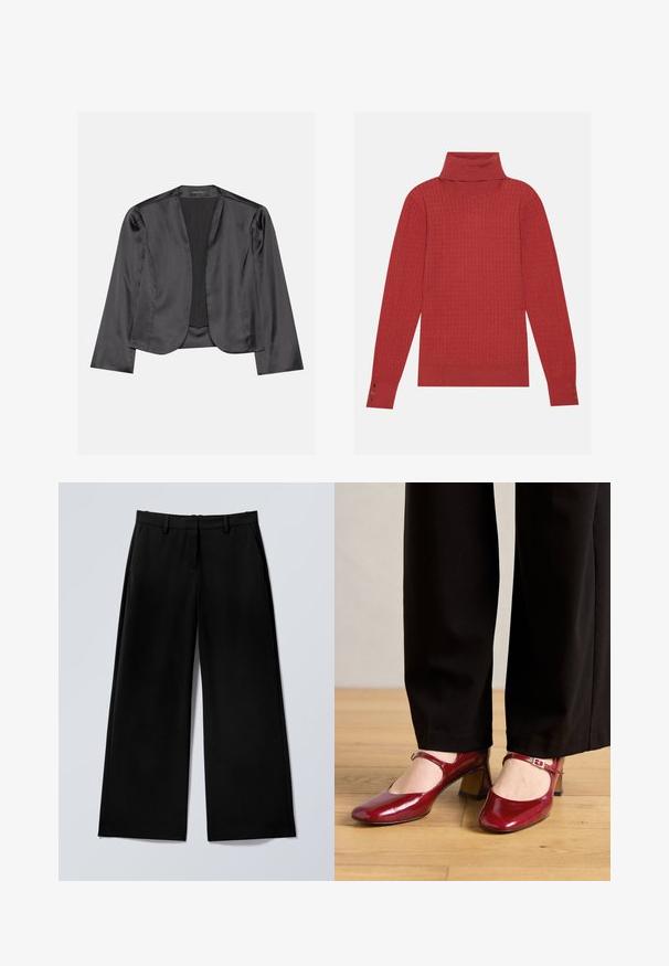 Sort satin blazer med en glat tekstur, åben frontdesign, lange ærmer og minimalistisk silhuet. Mærket "ANNA FIELD" indeni.; Rød strikket højhalset sweater med ribbet tekstur, præget af tre knapdetaljer på hver ærme. Blødt stof med en afslappet pasform.; Sorte bukser med vide ben, bæltestropper og sidelommer, lagt fladt på en lysegrå baggrund.; Røde patentlæder Mary Jane højhælede sko med firkantet tå, en rem over vristen og en lav blokhælt. Båret med sorte bukser.