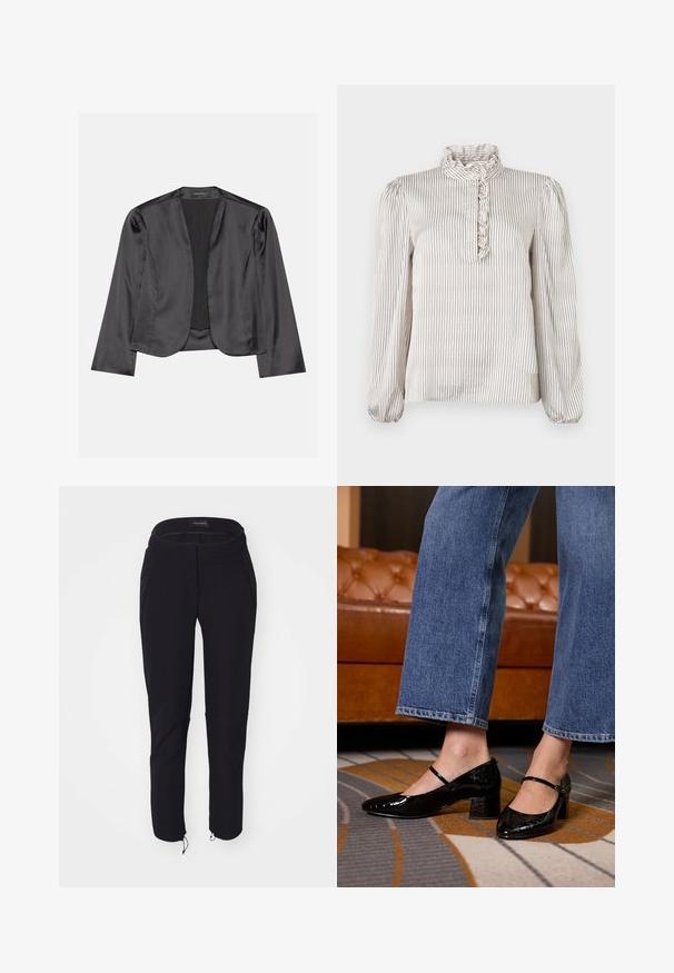 Blazer de satén negro con una textura suave, diseño de frente abierto, manga larga y silueta minimalista. Etiquetado "ANNA FIELD" en el interior.; Blusa de manga larga color crema con finas rayas verticales negras, cuello alto con volantes y detalle de volante en la parte frontal a lo largo de la tapeta de botones parcial.; Pantalones negros con una textura suave, que cuentan con un diseño ajustado, cinturilla elástica, dos bolsillos y puños ajustables con cordones.; Zapatos de charol negros con punta afilada, tacón cuadrado y correa en el tobillo, llevados con jeans de pierna ancha, sobre una alfombra estampada.