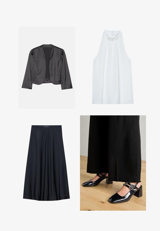 Schwarzer Satin-Blazer mit glatter Textur, offenes Vorderdesign, lange Ärmel und minimalistischer Silhouette. Innen mit dem Etikett "ANNA FIELD".; Weißes ärmelloses Top mit hohem Kragen, aus weichem Material, mit Raffung am Ausschnitt und einem verdeckten Reißverschluss auf der Rückseite.; Schwarzer, knielanger Rock aus leichtem Material mit fließendem Design. Verfügt über eine glatte Textur und subtile Falten für zusätzliche Details.; Schwarze Lackleder-Slingback-Schuhe mit quadratischen Zehen, ausgestattet mit doppelt verstellbaren Knöchelriemen und Blockabsätzen. Glatte, glänzende Oberfläche.