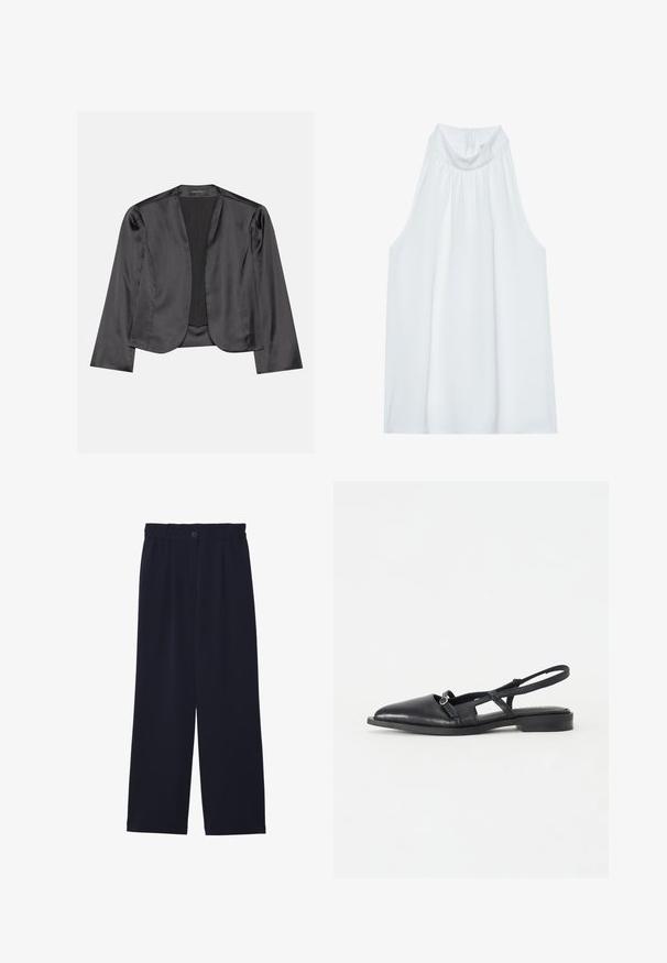 Blouson en satin noir avec une texture lisse, design à ouverte à l'avant, manches longues et silhouette minimaliste. Étiqueté "ANNA FIELD" à l'intérieur.; Haut sans manches blanc avec un col montant, en tissu doux, présentant des détails froncés au niveau du col et une fermeture éclair dissimulée à l'arrière.; Pantalons large bleu marine avec une texture lisse, taille élastique, pli avant unique et fermeture à bouton à la taille.; Chaussure noire en cuir à bride arrière avec un bout pointu, un petit Talon, un design ajouré et un détail décoratif de boucle circulaire.