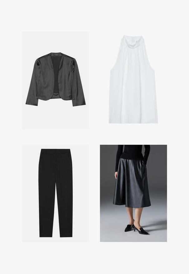 Zwart satijnen blazer met een gladde textuur, open voorkant, lange mouwen en een minimalistisch silhouet. Binnenin gelabeld als "ANNA FIELD".; Witte mouwloze top met een hoge hals, gemaakt van zachte stof, met geplooide details bij de halslijn en een verborgen ritssluiting aan de achterkant.; Zwarte broek met een tailormade ontwerp, voorzien van zijzakken en een rechte pijp. Gemaakt van een soepele, lichte stof met een strakke afwerking.; Zwarte leren midi-jurk met een gladde textuur; heeft een tailleband en zijzakken. Gepaarde met glanzende zwarte hakken.