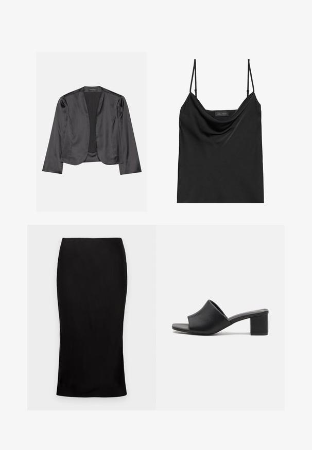 Sort satin blazer med en glat tekstur, åben frontdesign, lange ærmer og minimalistisk silhuet. Mærket "ANNA FIELD" indeni.; Sort camisole med cowl-udskæring og tynde justerbare stropper. Har glat stof, afslappet pasform og et enkelt design uden pynt.; Sort, tætsiddende midi-nederdel med en glat tekstur, detaljer med sideslids og en klassisk talje. Designet til en elegant silhuet.; Sorte læder mules med blokhæl og åben tå, med en glat overflade og let buet overdelsdesign for komfort og stil.