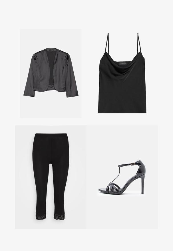 Sort satin blazer med en glat tekstur, åben frontdesign, lange ærmer og minimalistisk silhuet. Mærket "ANNA FIELD" indeni.; Sort camisole med cowl-udskæring og tynde justerbare stropper. Har glat stof, afslappet pasform og et enkelt design uden pynt.; Sorte leggings med en tætsiddende pasform, der har en spidsdyret kant ved sømmen. Lavet af et glat, elastisk materiale for komfort og fleksibilitet.; Sort patentlæder højhælede sandal med tynde stropper, T-bar design, spænde-lukning og en slank, buet silhuet.