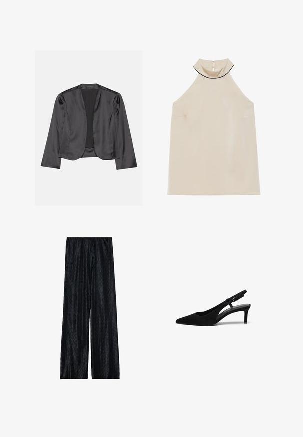 Schwarzer Satin-Blazer mit glatter Textur, offenes Vorderdesign, lange Ärmel und minimalistischer Silhouette. Innen mit dem Etikett "ANNA FIELD".; Beige ärmelloses Halsbandoberteil aus glattem Stoff mit hohem Kragen und einem Reißverschluss auf der Rückseite, das ein minimalistisches Design ohne sichtbare Muster aufweist.; Schwarze, weit geschnittene Plisseehose aus strukturiertem Material mit einem vertikalen Zickzackmuster und elastischem Bund für einen bequemen Sitz.; Schwarzer Wildlederslingback-Schuh mit spitzem Zehenbereich, niedrigem Absatz, offenen Seiten und verstellbarem Riemen mit einer Metallschnalle. Glatte Textur.
