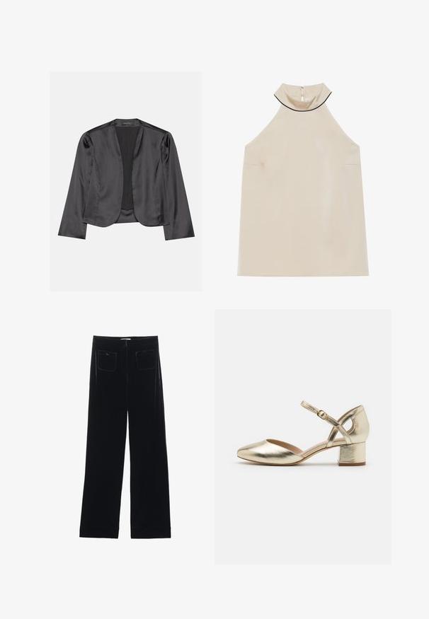 Sort satin blazer med en glat tekstur, åben frontdesign, lange ærmer og minimalistisk silhuet. Mærket "ANNA FIELD" indeni.; Beige, ærmeløs halterneck-top i glat stof med høj krave og lynlås bagpå, der har et minimalistisk design uden synlige mønstre.; Sorte velour bredbukser med to baglommer og en glat tekstur, der har en lige skæring og syede afslutninger ved anklerne.; Guldmetallic hæle med rund tå, ankelrem og blokhæle. Glat tekstur med en skinnende finish og tværrem-design.