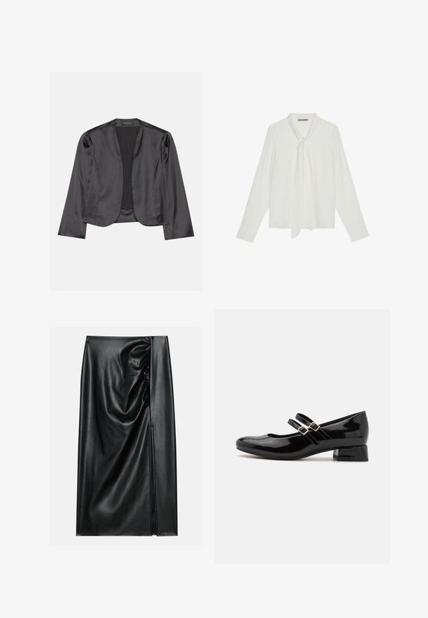 Blouson en satin noir avec une texture lisse, design à ouverte à l'avant, manches longues et silhouette minimaliste. Étiqueté "ANNA FIELD" à l'intérieur.; Blouse blanche à manches longues en tissu lisse, avec un nœud au cou et des poignets ajustés. Design simple et classique sans motifs.; Jupe en cuir noir avec une texture lisse, présentant une section froncée sur un côté et une fente sur le côté pour un détail supplémentaire.; Des chaussures Mary Jane en cuir verni noir présentent un bout rond, deux sangles à boucle ajustables et un petit talon carré. Texture lisse, design minimaliste.