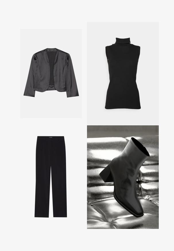 Blouson en satin noir avec une texture lisse, design à ouverte à l'avant, manches longues et silhouette minimaliste. Étiqueté "ANNA FIELD" à l'intérieur.; Top noir sans manches en maille côtelée, avec un col haut et une silhouette ajustée. Texture lisse avec un minimum de détails.; Pantalon en velours côtelé noir avec une coupe droite, doté d'une taille plate et sans poches visibles, texture lisse et détail en côtes verticales.; Botte noire à la cheville en matériau brillant avec un bout carré et un talon effilé, sur un fond argenté brillant et capitonné.