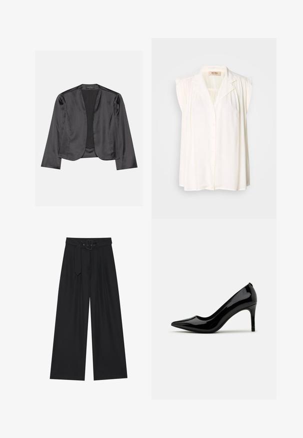 Blouson en satin noir avec une texture lisse, design à ouverte à l'avant, manches longues et silhouette minimaliste. Étiqueté "ANNA FIELD" à l'intérieur.; Blouse sans manches blanche avec col, fermeture à boutons sur le devant et détails plissés aux épaules. Texture douce et design fluide.; Pantalons noirs à jambes larges en tissu lisse, avec une taille haute, une ceinture à boucle carrée et des plis avant pour une texture ajoutée.; Pump à talon haut en cuir verni noir avec un bout pointu et une silhouette épurée, présentant une texture lisse et un design minimaliste.