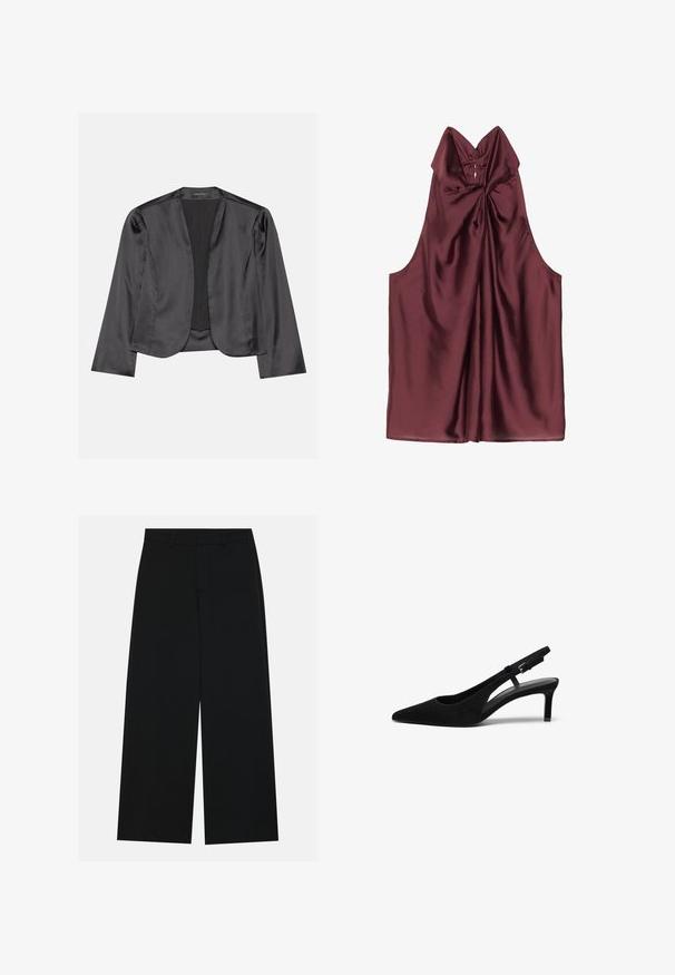 Blouson en satin noir avec une texture lisse, design à ouverte à l'avant, manches longues et silhouette minimaliste. Étiqueté "ANNA FIELD" à l'intérieur.; Top en satin bourgogne avec un col haut, un détail froncé à l'avant et une conception sans manches. Texture lisse et drapé doux sur l'ensemble.; Pantalons noirs à jambe large en tissu lisse. Dotés d'une taille plate avec passants de ceinture et sans poches visibles. Design simple.; Chaussure slingback en suede noir avec un bout pointu, un talon bas, un côté ouvert et une sangle ajustable dotée d'une boucle en métal. Texture lisse.