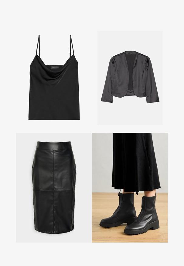 Zwart satijnen blazer met een gladde textuur, open voorkant, lange mouwen en een minimalistisch silhouet. Binnenin gelabeld als "ANNA FIELD".; Zwarte cami-top met een colhals en dunne verstelbare bandjes. Heeft een zachte stof, relaxed fit en een eenvoudig ontwerp zonder versieringen.; Zwarte leren rok met een gladde textuur, voorzien van een hoge tailleband en gestikte naden die een subtiele, gestructureerde vorm creëren.; Zwarte leren enkelboots met een chunky platformzool en een rits aan de voorkant. Glad oppervlak met een minimalistisch ontwerp.