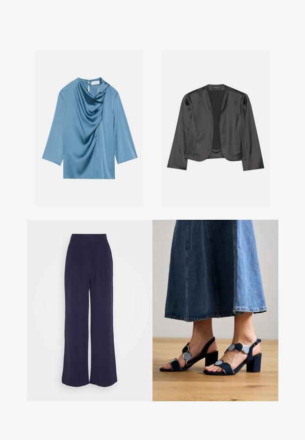 Zwart satijnen blazer met een gladde textuur, open voorkant, lange mouwen en een minimalistisch silhouet. Binnenin gelabeld als "ANNA FIELD".; Blauwe satijnen blouse met een gedrapeerde voorkant, ronde halslijn en driekwartmouwen. Soepele textuur met een subtiele glans en een sleutelgatdetail aan de achterkant.; Anna Field by Zalando Broek - dark blue; Marco Tozzi Sandalen - navy