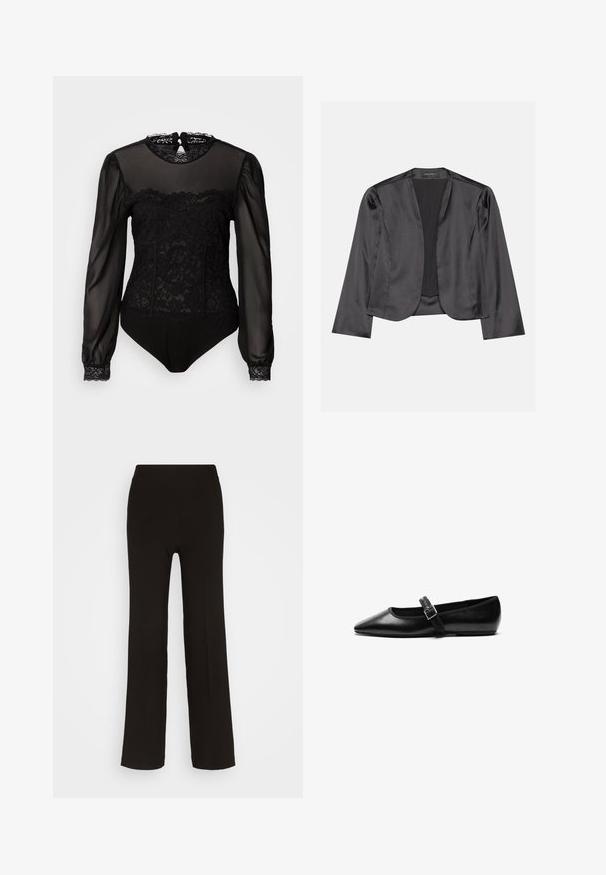Blouson en satin noir avec une texture lisse, design à ouverte à l'avant, manches longues et silhouette minimaliste. Étiqueté "ANNA FIELD" à l'intérieur.; Bodysuit noir avec des manches longues transparentes. Présente un superposé en dentelle sur le devant supérieur et un col montant avec une fermeture en arrière en forme de trou de serrure.; Pantalons noirs à jambes larges en tissu lisse, dotés d'une taille haute ajustée et sans matériel ni motifs visibles.; Chaussure noire plate en cuir avec un bout pointu, bride réglable avec une boucle en métal, texture lisse et design minimaliste.