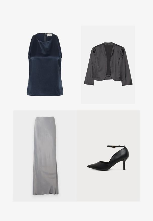 Blouson en satin noir avec une texture lisse, design à ouverte à l'avant, manches longues et silhouette minimaliste. Étiqueté "ANNA FIELD" à l'intérieur.; My Essential Wardrobe MWESTELLE - Débardeur - after midnight; Longue jupe en satin gris argenté lisse avec une coupe droite et une brillance subtile, posée à plat sur un fond blanc.; Chaussure en cuir noir à bout pointu avec talon kitten, bride à la cheville et boucle dorée sur fond neutre.