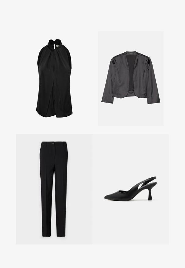 Sort satin blazer med en glat tekstur, åben frontdesign, lange ærmer og minimalistisk silhuet. Mærket "ANNA FIELD" indeni.; Sort ærmeløs top med halterneck og knudedetalje, blødt stof og en draperet design, der flyder løst fra skuldrene.; Sorte skræddersyede bukser med lige ben-design, der har en knaplukning og bæltestropper, lavet af glat stof.; Sorte slingback hæle med spids tå, lavet af glat læder. Har et udskåret design og en robust, aftrappet hæl.