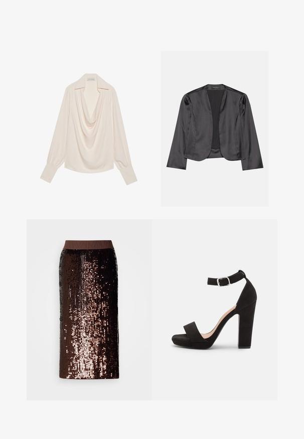 Sort satin blazer med en glat tekstur, åben frontdesign, lange ærmer og minimalistisk silhuet. Mærket "ANNA FIELD" indeni.; Langærmet bluse med krave i lys crèmefarvet stof, der har en afslappet pasform, opfoldede manchetter og sømløs drapering ved halsudskæringen.; Mørkebrun blyantskirt dækket af skinnende palietter med en ensfarvet brun elastisk talje, præsenteret på en hvid baggrund.; Anna Field Sandaler - black