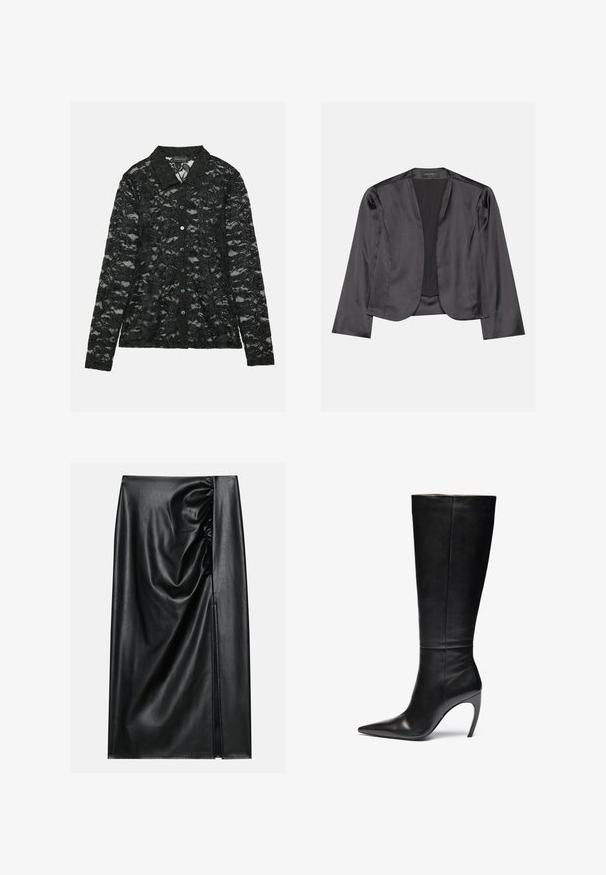 Sort satin blazer med en glat tekstur, åben frontdesign, lange ærmer og minimalistisk silhuet. Mærket "ANNA FIELD" indeni.; Sort blonderet bluse med krave, lange ærmer, knaplukning med grønne knapper og et blomstermønster over det hele.; Sort læderskirt med en glat overflade, der har en indsamlet sektion på den ene side og en skråning på siden for ekstra detaljer.; Sorte læder knæhøje støvler med spids tå og høj stilettohæl; slank, glat tekstur med subtile sømme og ingen synlig hardware.