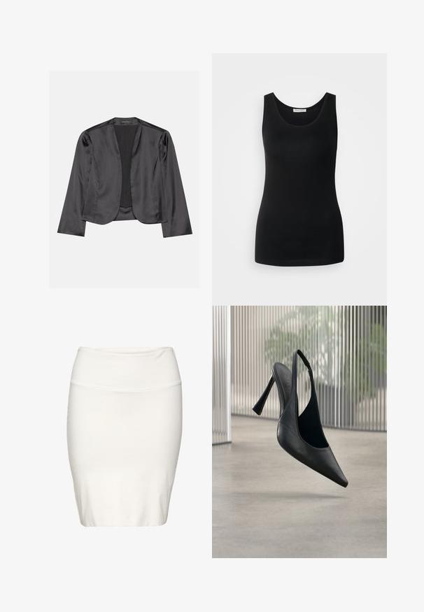 Blouson en satin noir avec une texture lisse, design à ouverte à l'avant, manches longues et silhouette minimaliste. Étiqueté "ANNA FIELD" à l'intérieur.; Débardeur noir sans manches, en tissu lisse, avec un col rond classique et une coupe ajustée. Pas de motifs ni d'accents.; Jupe crayon blanche à longueur genou en tissu doux et extensible. Caractérisée par une coupe ajustée avec une taille lisse et des coutures minimales.; Chaussure à talon aiguille en cuir noir avec bride arrière et bout pointu, flottant au-dessus d'un sol en béton lisse et d'un panneau métallique vertical en arrière-plan.