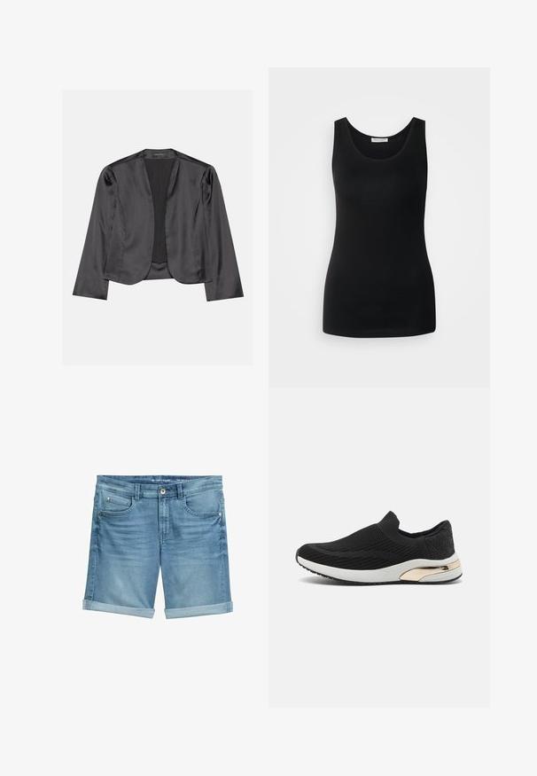 Schwarzer Satin-Blazer mit glatter Textur, offenes Vorderdesign, lange Ärmel und minimalistischer Silhouette. Innen mit dem Etikett "ANNA FIELD".; Schwarzes ärmelloses Tanktop, aus glattem Stoff, mit klassischem Rundhalsausschnitt und tailliertem Schnitt. Keine Muster oder Akzente.; Jeansshorts in Hellblau mit einem verblassten Finish, featuring aufgerollten Säumen, Fünf-Taschen-Design und Metallknopfverschluss an der Taille.; Schwarze Slipper-Sneaker mit einem strukturierten Strickobermaterial, weißer Zwischensohle und goldenen Designelementen an der Ferse. Minimalistisches Design.