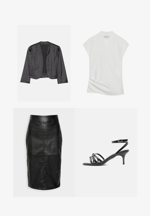 Sort satin blazer med en glat tekstur, åben frontdesign, lange ærmer og minimalistisk silhuet. Mærket "ANNA FIELD" indeni.; Hvid kortærmet bluse med indviklet design, der har diskret drapering ved kanten og en glat, blød tekstur. Mærket siger "ANNA FIELD."; Sort lædernederdel med en glat tekstur, der har en høj talje og syninger, der skaber en diskret, struktureret form.; Sort læder sandal med stropper, lille hæl, firkantet tå, to spænder foran og en ankelrem med guldspænde.