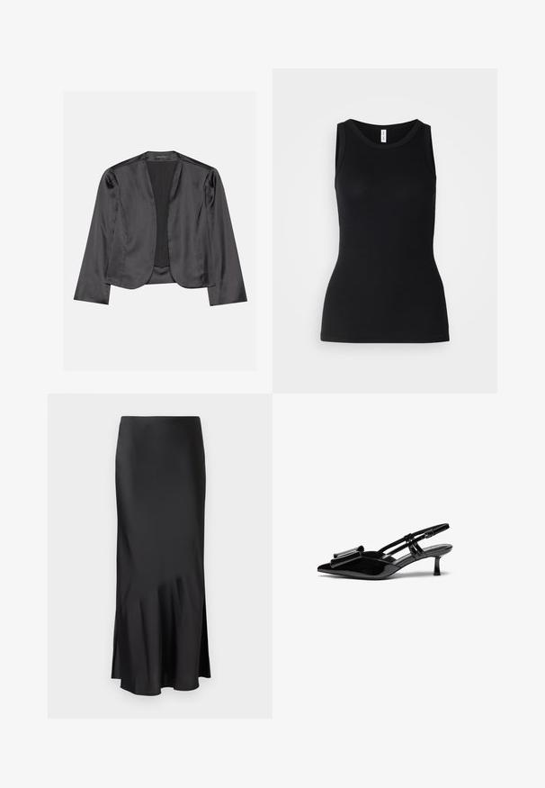 Sort satin blazer med en glat tekstur, åben frontdesign, lange ærmer og minimalistisk silhuet. Mærket "ANNA FIELD" indeni.; Sort ærmeløs tanktop lavet af ribbet stof, med rund halsudskæring og tætsiddende design, med en glat overflade og uden mønstre.; Sort satin midi-skirt med et elegant design, der har en let flared kant og en sideslids for nem bevægelse. Glat tekstur.; Sorte patenterede læderslingbacks med spids tå, en sløjfedetalje foran og en lille stilettohæle. Remmene har justerbare spænder.