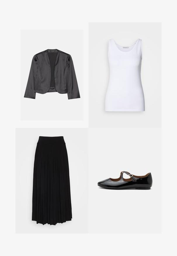 Zwart satijnen blazer met een gladde textuur, open voorkant, lange mouwen en een minimalistisch silhouet. Binnenin gelabeld als "ANNA FIELD".; Witte top met een gladde, rekbare stof. Beschikt over een ronde halslijn en brede schouderbanden. De zoom zit net onder de taille. Geen patronen of accenten.; Zwarte plissé rok met een hoge, elastische tailleband. Gemaakt van zachte stof, met verticale plooien voor een vloeiende silhouet.; Zwarte lakleren Mary Jane platte schoen met twee uitsparingen en een gouden gespbandje op een witte achtergrond.