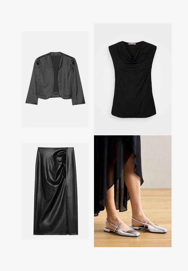 Čierny saténový blazer s hladkým povrchom, otvoreným predným dizajnom, dlhými rukávmi a minimalistickou siluetou. Vo vnútri označené "ANNA FIELD".; Anna Field Top - black; Čierna kožená sukňa s hladkou textúrou, ktorá má nariasenú časť na jednej strane a bočný rozparok pre prídavnú detalizáciu.; Strieborné metalické ploché topánky so štvorcovým špičkou, s remienkom na päte a výrezmi. Hladký povrch na drevenej podlahe.