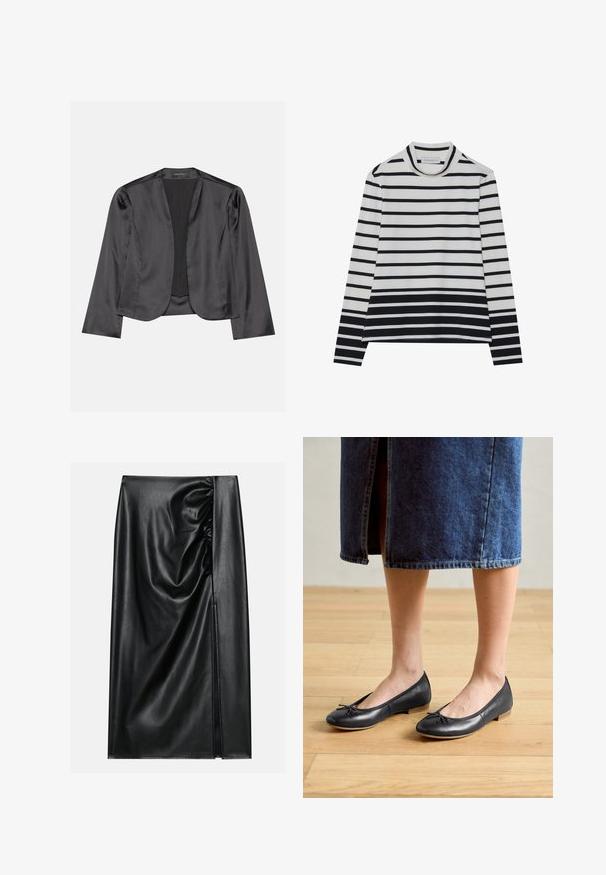 Blouson en satin noir avec une texture lisse, design à ouverte à l'avant, manches longues et silhouette minimaliste. Étiqueté "ANNA FIELD" à l'intérieur.; T-shirt à manches longues en coton, présentant des rayures horizontales noires et blanches, un col montant haut et une coupe décontractée avec des fentes sur les côtés.; Jupe en cuir noir avec une texture lisse, présentant une section froncée sur un côté et une fente sur le côté pour un détail supplémentaire.; Ballerines en cuir noir avec un bout arrondi, un petit nœud décoratif et un petit talon en bois, portées avec une jupe en denim.