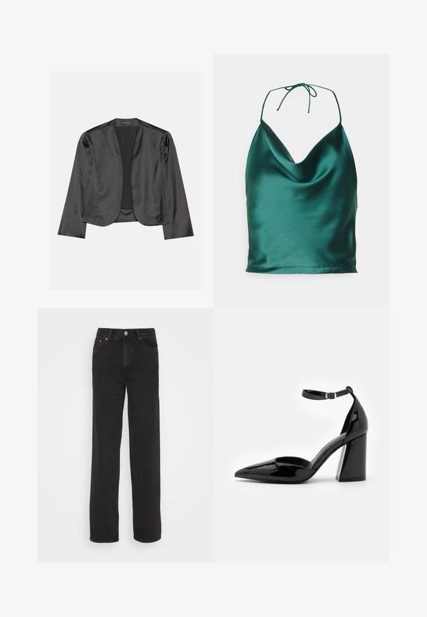 Zwart satijnen blazer met een gladde textuur, open voorkant, lange mouwen en een minimalistisch silhouet. Binnenin gelabeld als "ANNA FIELD".; Even&Odd Top - dark green; Zwarte rechte jeans met vijf zakken, een knoop aan de voorkant en riemlussen, weergegeven tegen een witte achtergrond.; Zwarte lakleren hoge hak met een spitse neus, enkelbandje en brede blokhak voor stabiliteit, met een gladde glanzende textuur.