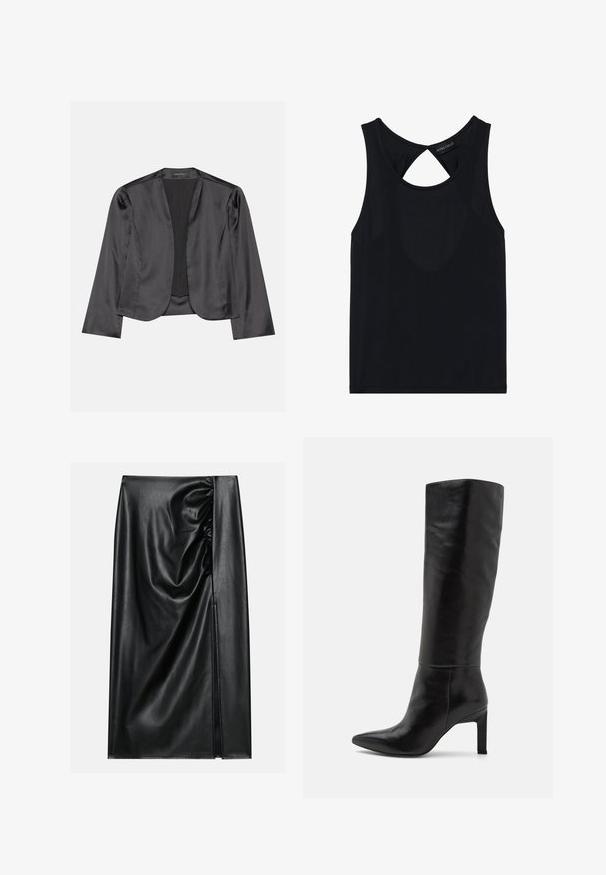 Mustmustid blazer sujuva tekstuuriga, avatud esiosa disain, pikad varrukad ja minimalistik siluett. Sisel võimalik "ANNA FIELD".; Must mustriga tipp, ümara kaelusega ja avatud detailiga seljaosas. Valmistatud siledast, venivast kangast. Lihtne disain ilma mustriteta.; Must värviline nahkseelik sileda tekstuuriga, featuring ühel küljel kogutud osa ja külgauk, mis annab lisadetaile.; Sääre pikkused mustad nahast stilettokontsaga saapad terava ninaga ja siledat tekstuuri. Kontsad on plokkstiilis, mis lisab kujundusele stabiilsust.