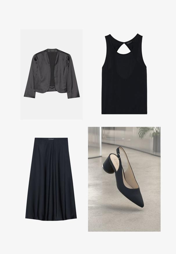 Blouson en satin noir avec une texture lisse, design à ouverte à l'avant, manches longues et silhouette minimaliste. Étiqueté "ANNA FIELD" à l'intérieur.; Haut sans manches noir avec un col rond, présentant un détail découpé au dos. Fabriqué en tissu lisse et élastique. Design simple sans motifs.; Jupe noire, arrivant aux genoux, en tissu léger avec un design fluide. Présente une texture lisse et de subtils plis pour un détail supplémentaire.; Escarpin noir à talon haut et bride arrière, avec un bout pointu, une texture lisse et un accent en métal sur le talon, doté d'une petite boucle réglable.