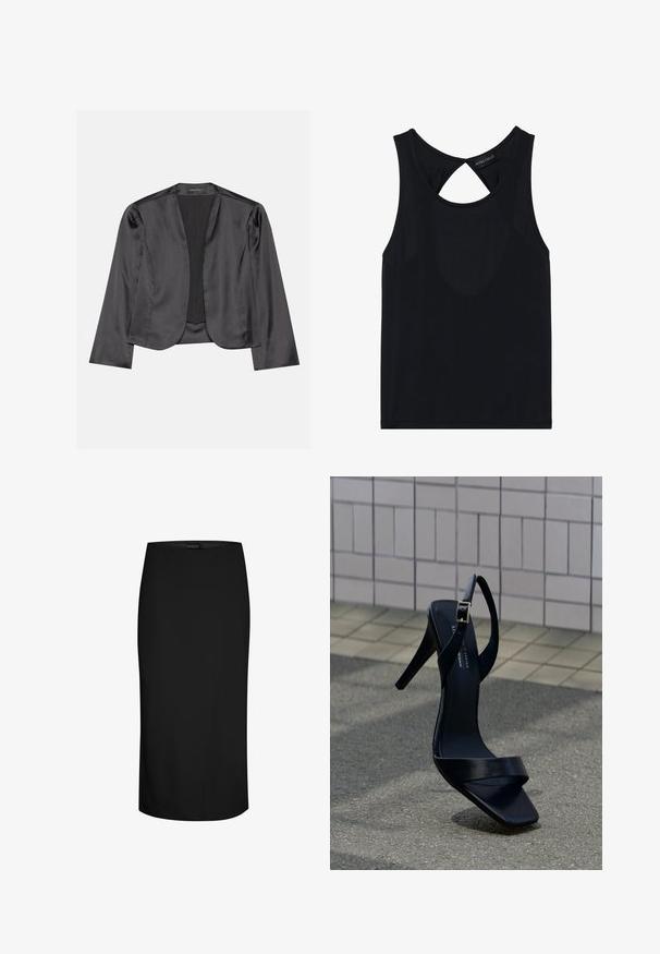 Sort satin blazer med en glat tekstur, åben frontdesign, lange ærmer og minimalistisk silhuet. Mærket "ANNA FIELD" indeni.; Sort ærmeløs top med rund hals, der har et skåret detalje på bagsiden. Lavet af glat, strækbart stof. Simpelt design uden mønstre.; Sort knælængde blyantskørte med tætsiddende pasform og minimale sømdetaljer på hvid baggrund.; Sort højhælet sandal med ankestrop og firkantet tå placeret på fortovet mod en baggrund af flisebelagt væg.
