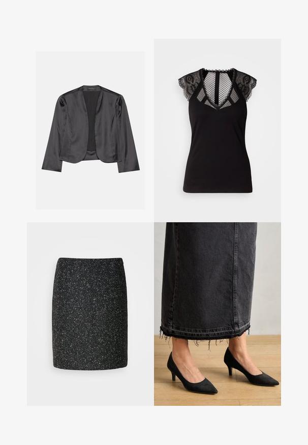 Sort satin blazer med en glat tekstur, åben frontdesign, lange ærmer og minimalistisk silhuet. Mærket "ANNA FIELD" indeni.; Sort ærmeløs top med blonder detaljer på skuldrene og et gennemsigtigt mesh-panel med prikker ved udskæringen og ryggen.; Sort tweed mini nederdel med et fiskebensmønster, struktureret form og tekstureret stof. Nederdelens kant er lige og pænt afsluttet.; Sorte ruskindpumps med spids tå og en 3 tommer hæl, parret med en lang, mørk denimskørt med frynset kant.