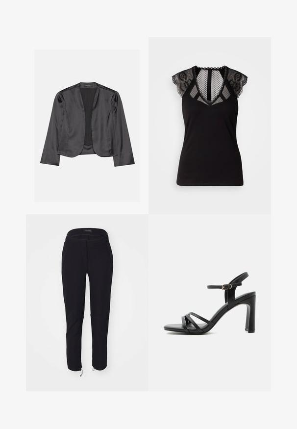 Blouson en satin noir avec une texture lisse, design à ouverte à l'avant, manches longues et silhouette minimaliste. Étiqueté "ANNA FIELD" à l'intérieur.; Haut sans manches noir avec des accents en dentelle sur les épaules et un panneau en mesh transparent à pois au niveau du décolleté et du dos.; Pantalon noir avec une texture lisse, présentant un design ajusté, une taille élastique, deux poches et des poignets ajustables avec cordons de serrage.; Sandale noire à talon haut avec trois brides à l’avant, une bride à la cheville avec une boucle dorée et un talon bloc sur un fond uni.
